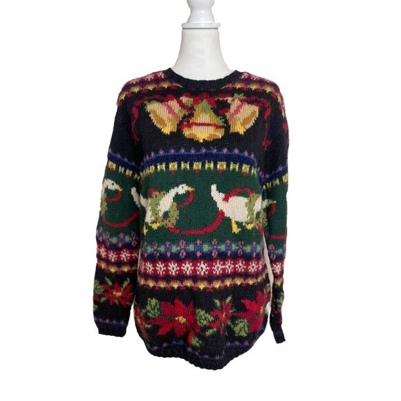 Vintage Talbots Wool Sweater Women's Hand Knit Bells Ducks Floral Pullover S - Picture 1 of 9